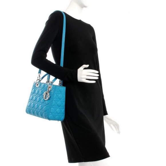 Authentic CHRISTIAN DIOR Lambskin Cannage Medium Lady Dior Satchel Bag Blue - Picture 3 of 16